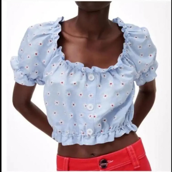 ZARA Summer Linen Blend Floral Blouse Blue Size Small NWOT - Picture 13 of 13